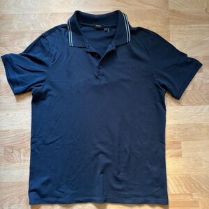 Theory Polo Shirt Mens Large Navy Pima Cotton Pique Knit Contrast Collar
